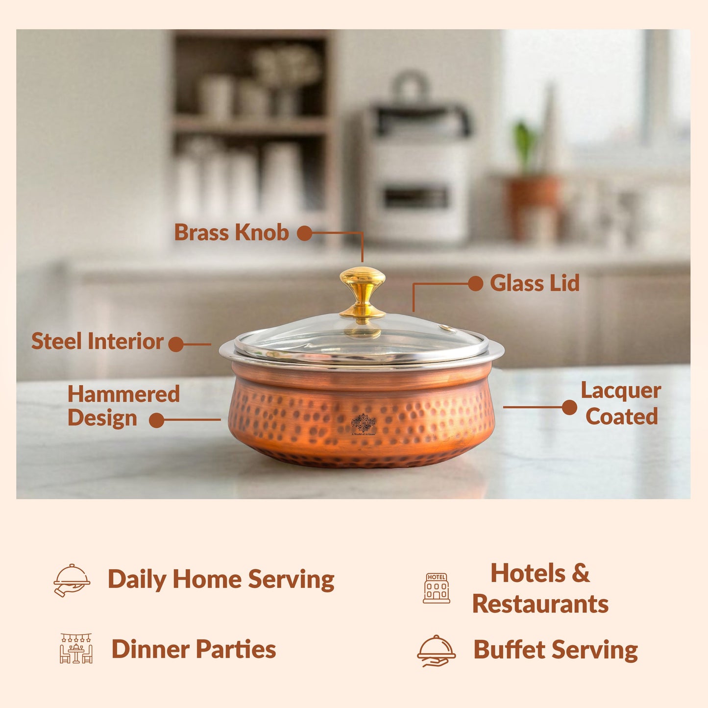 Steel Copper Hammered Serving Handi with Glass Lid and brass handle of lid | Tablewrae | Serveware