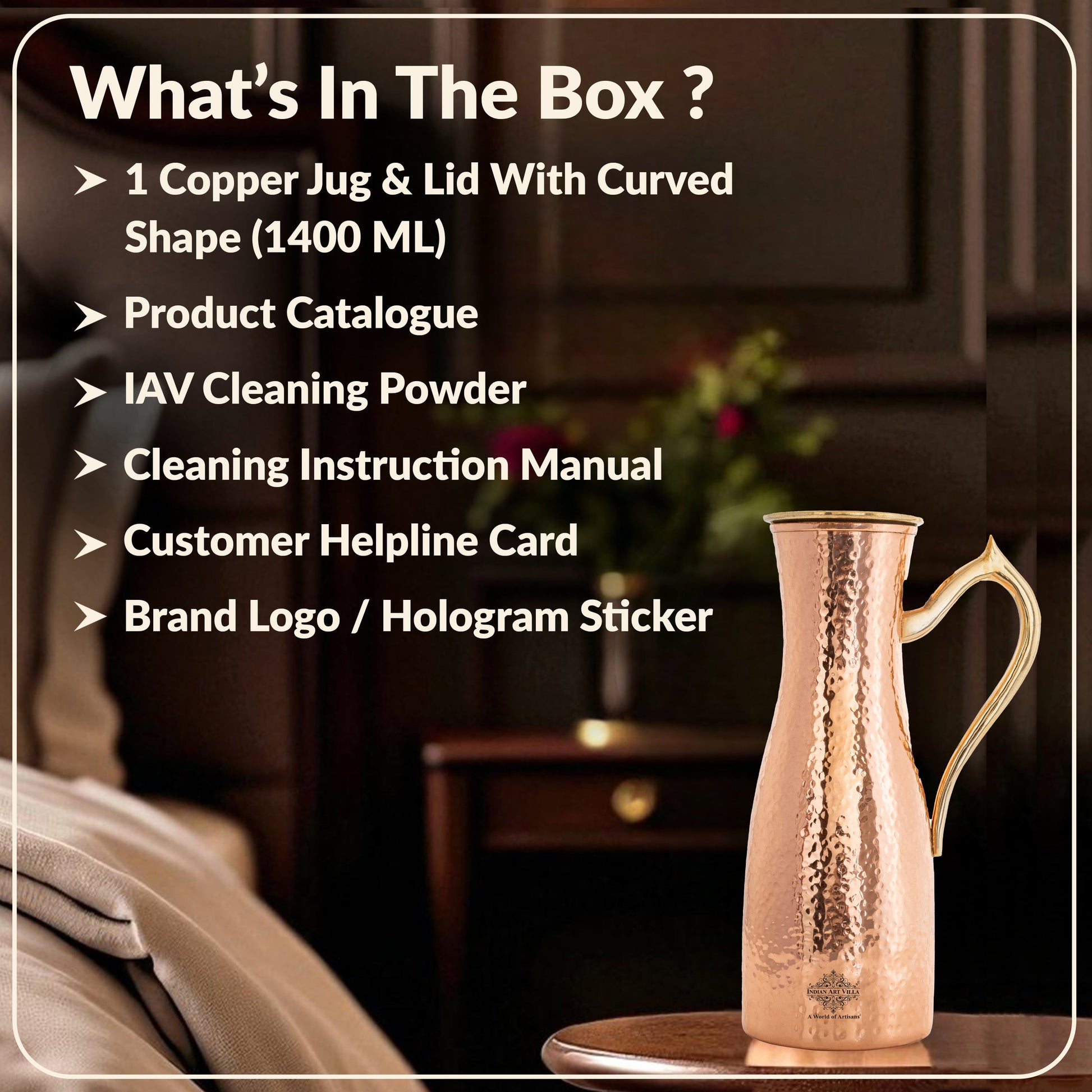 Copper Jug with Hammered Curve Design, Brass Handle & Lid – 1400 ML