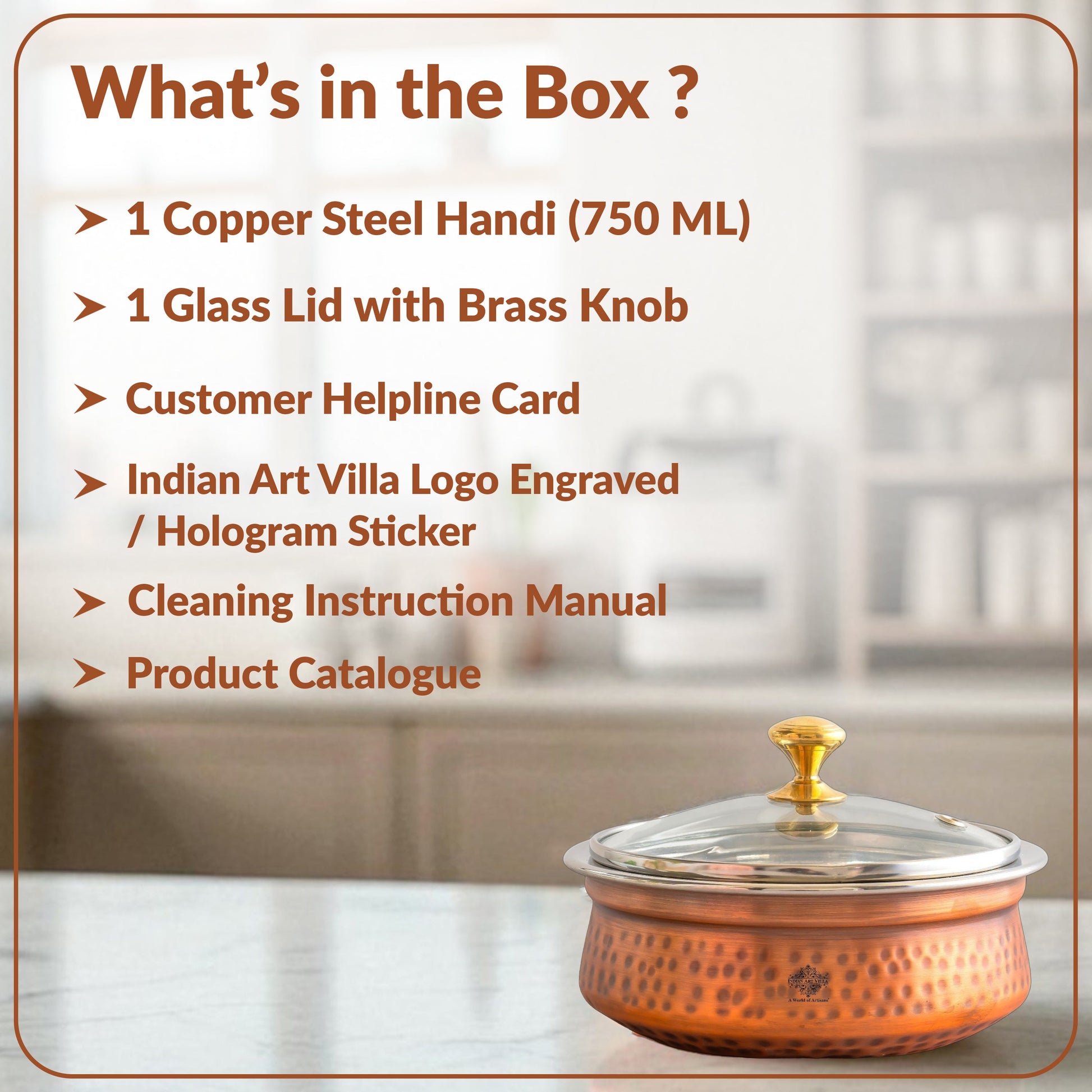 Steel Copper Hammered Serving Handi with Glass Lid and brass handle of lid | Tablewrae | Serveware