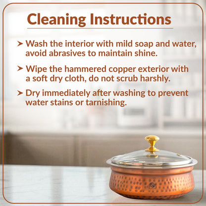 Steel Copper Hammered Serving Handi with Glass Lid and brass handle of lid | Tablewrae | Serveware