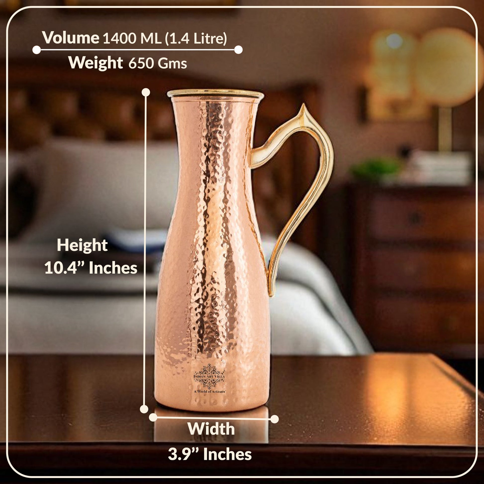 Copper Jug with Hammered Curve Design, Brass Handle & Lid – 1400 ML