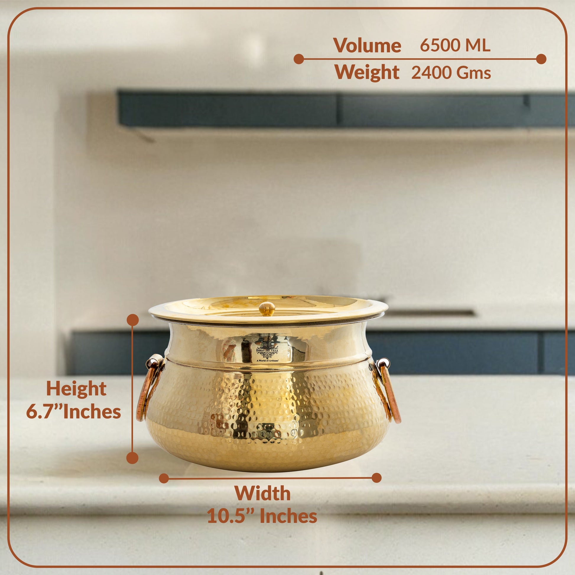 Brass Hammered Lagan Handi With Handle With Tin Lining  & Lid Cover