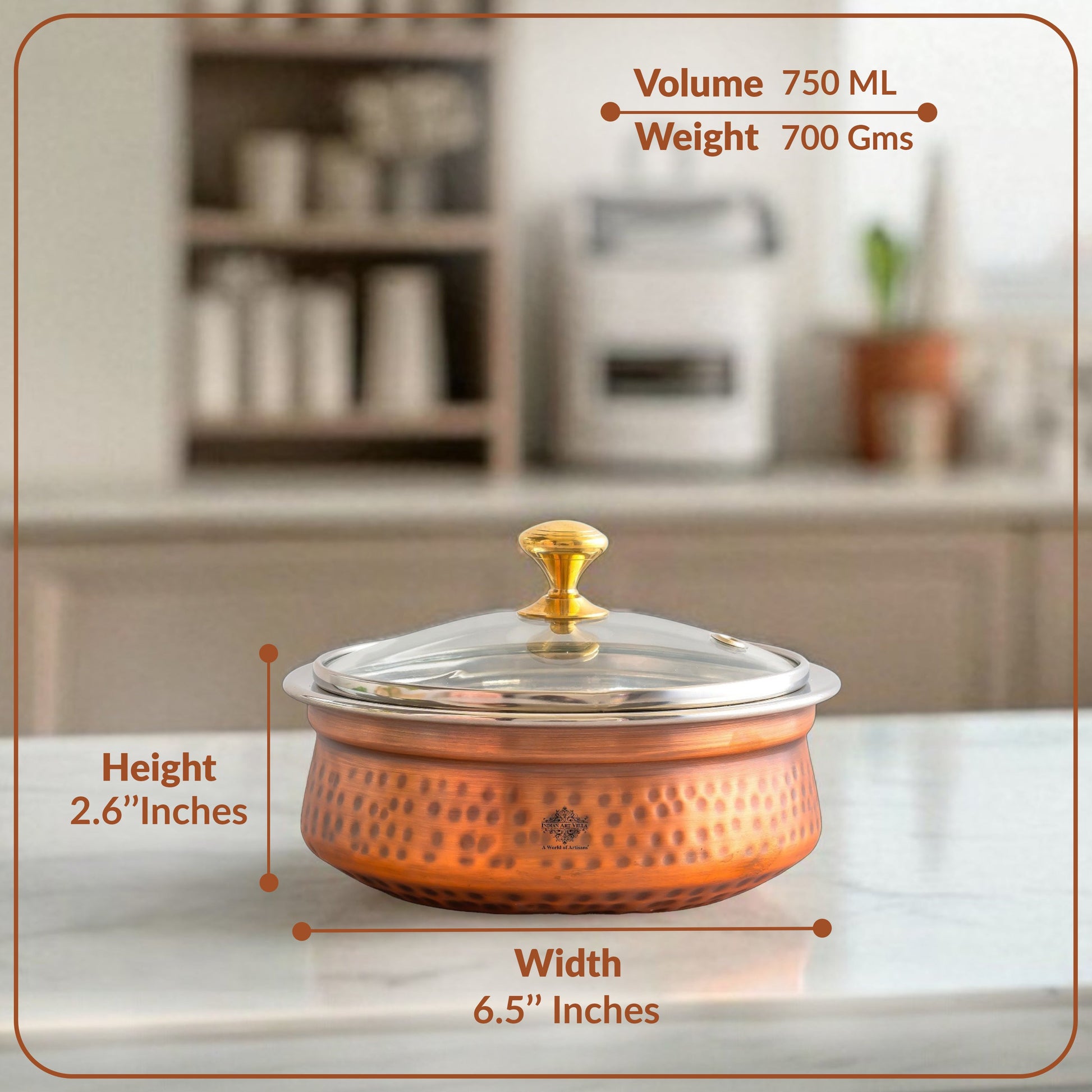 Steel Copper Hammered Serving Handi with Glass Lid and brass handle of lid | Tablewrae | Serveware