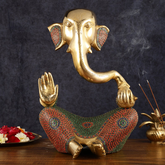 Brass large Modern Abstract Ganesha Statue with Stonework 18 "