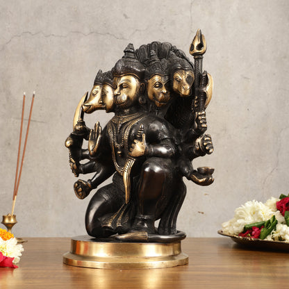 Brass Panchmukhi Hanuman Statue - 11" Height, Black and Gold Finish
