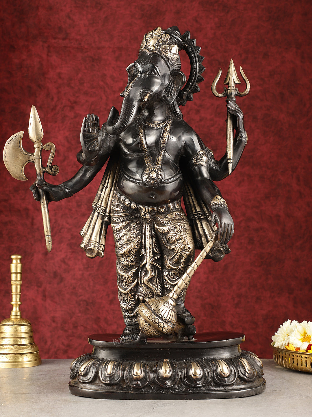 Pure Brass Standing Ganapati Statue - Black Finish | 18"