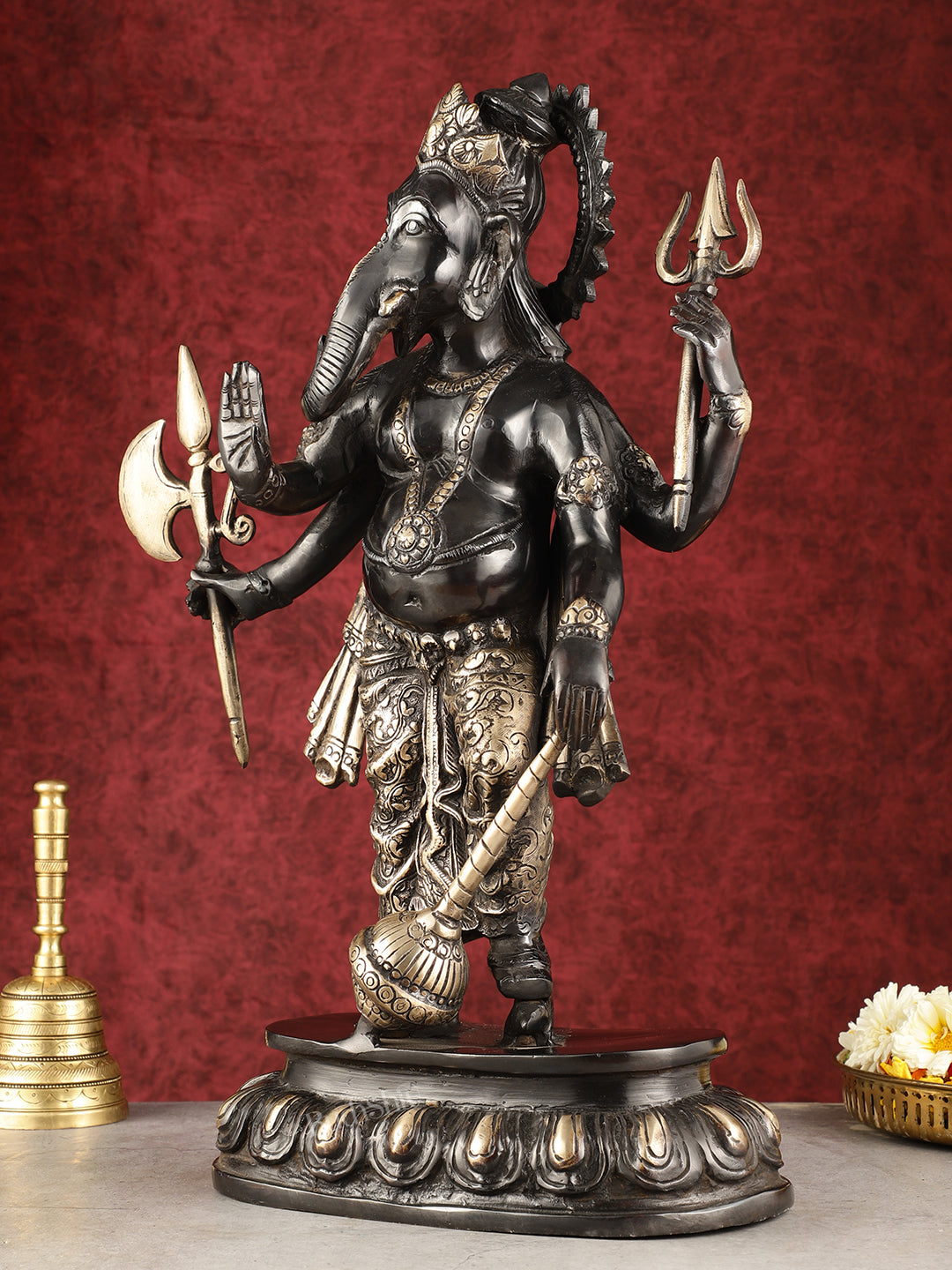 Pure Brass Standing Ganapati Statue - Black Finish | 18"