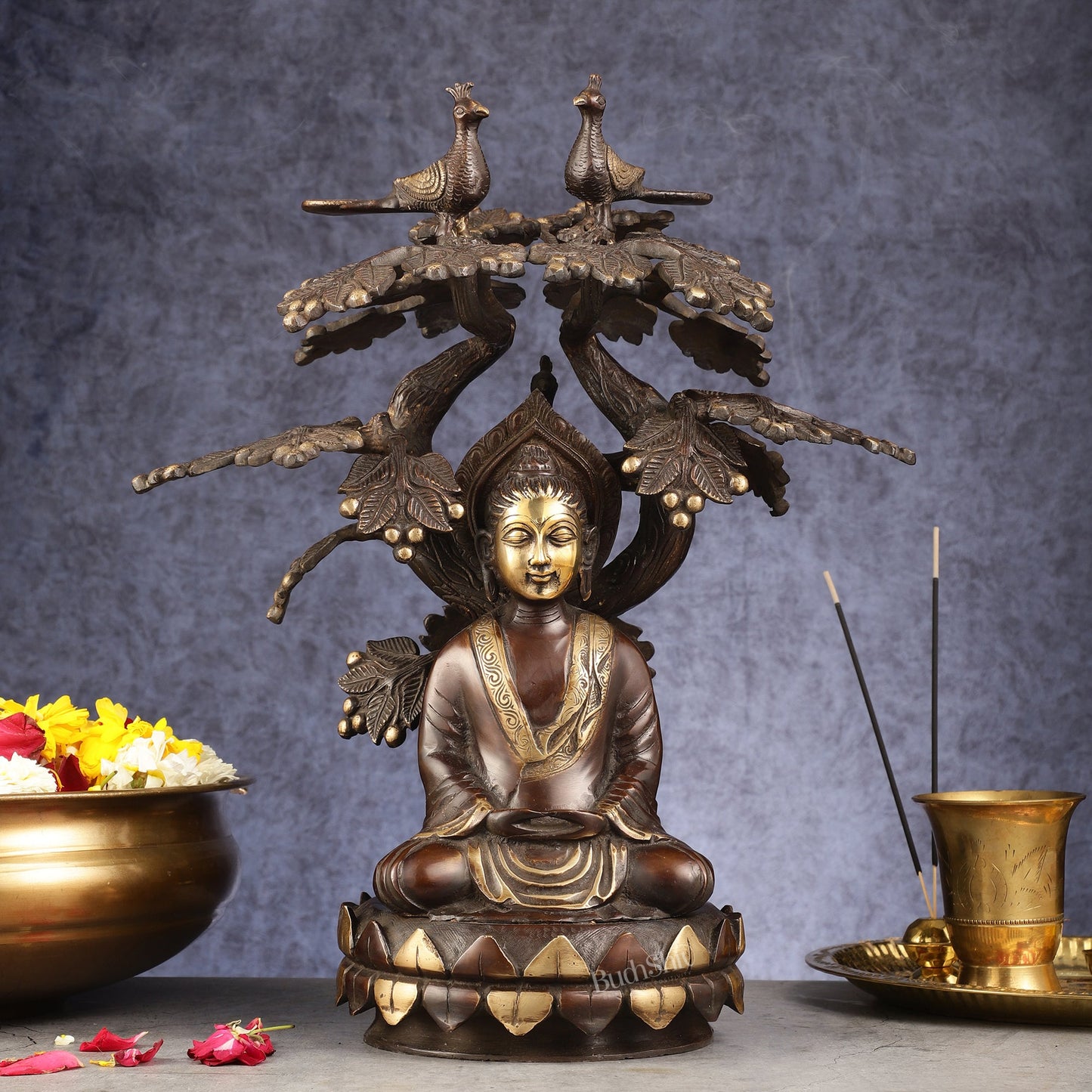 Exquisite Brass Buddha Under Tree Statue - 16.5"