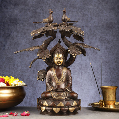 Exquisite Brass Buddha Under Tree Statue - 16.5"