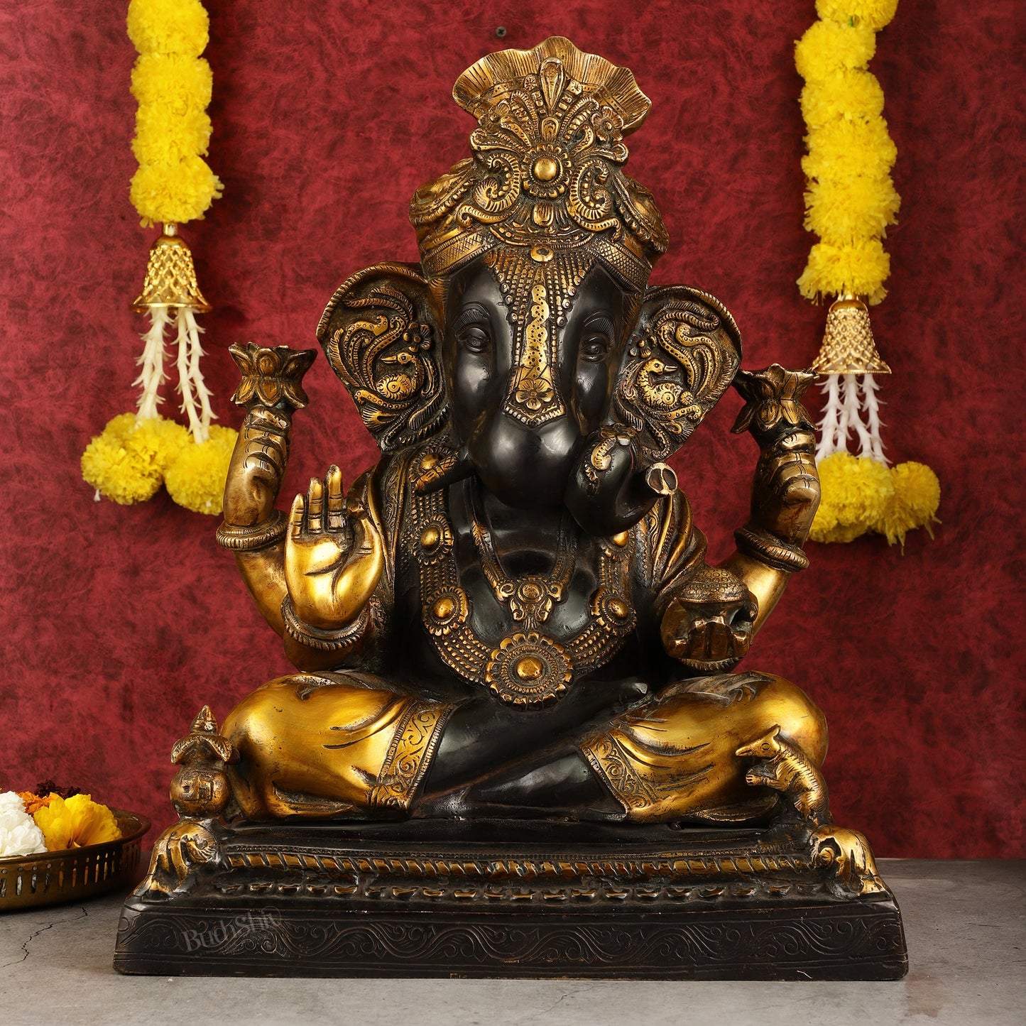 Handcrafted Brass Dagduseth Ganapati Statue - 20 inch black tone