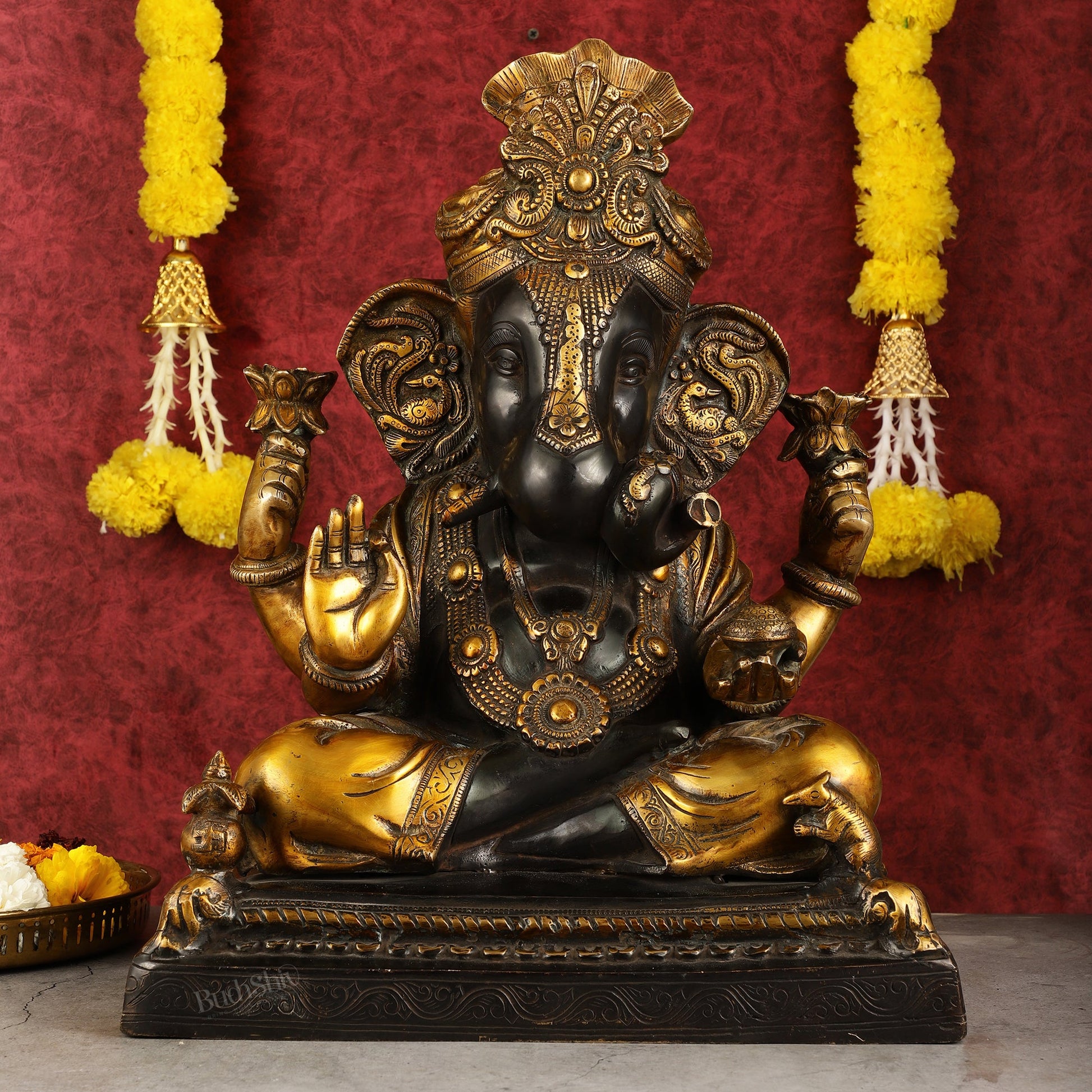 Handcrafted Brass Dagduseth Ganapati Statue - 20 inch black tone