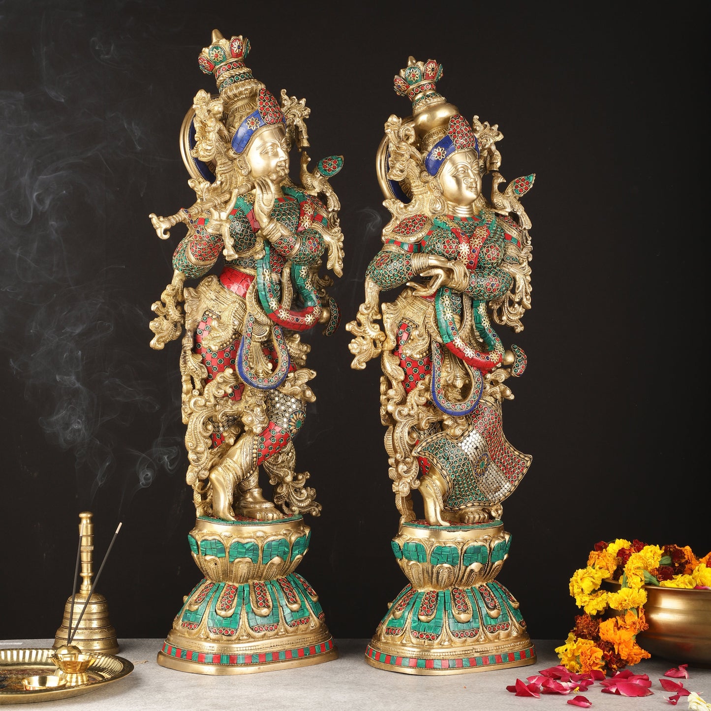Pure Brass Radha Krishna Idols with Stonework | 30"