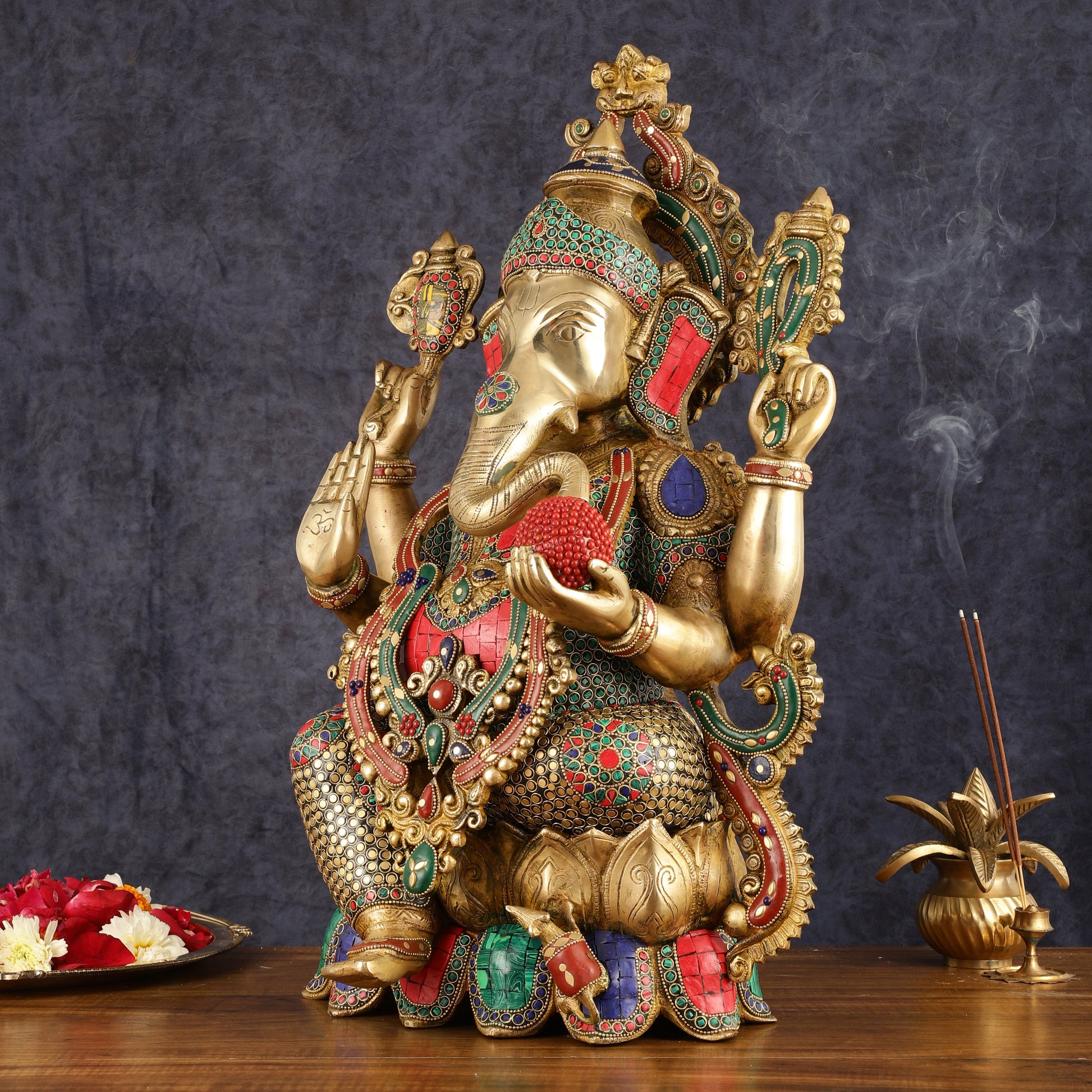 Pure Brass Ganesha Idol on lotus - 21"