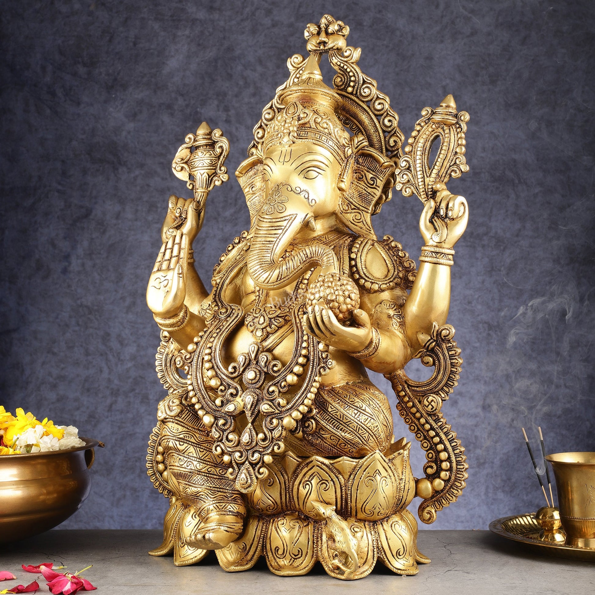 Kamal Ganesha Brass Idol 21 " enhanced carvings