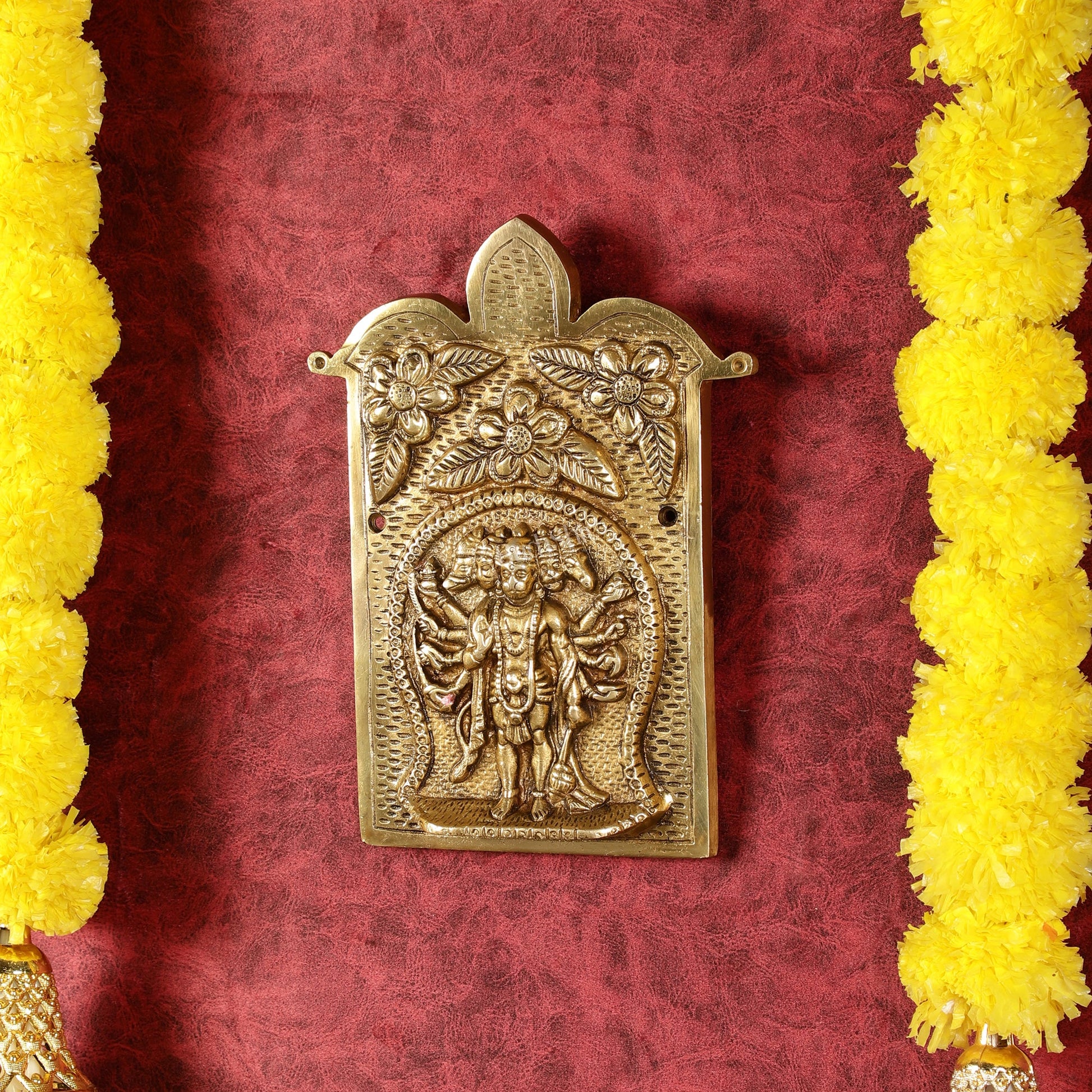 Superfine Standing Panchmukhi Hanuman Brass Wall Hanging - 9-inch