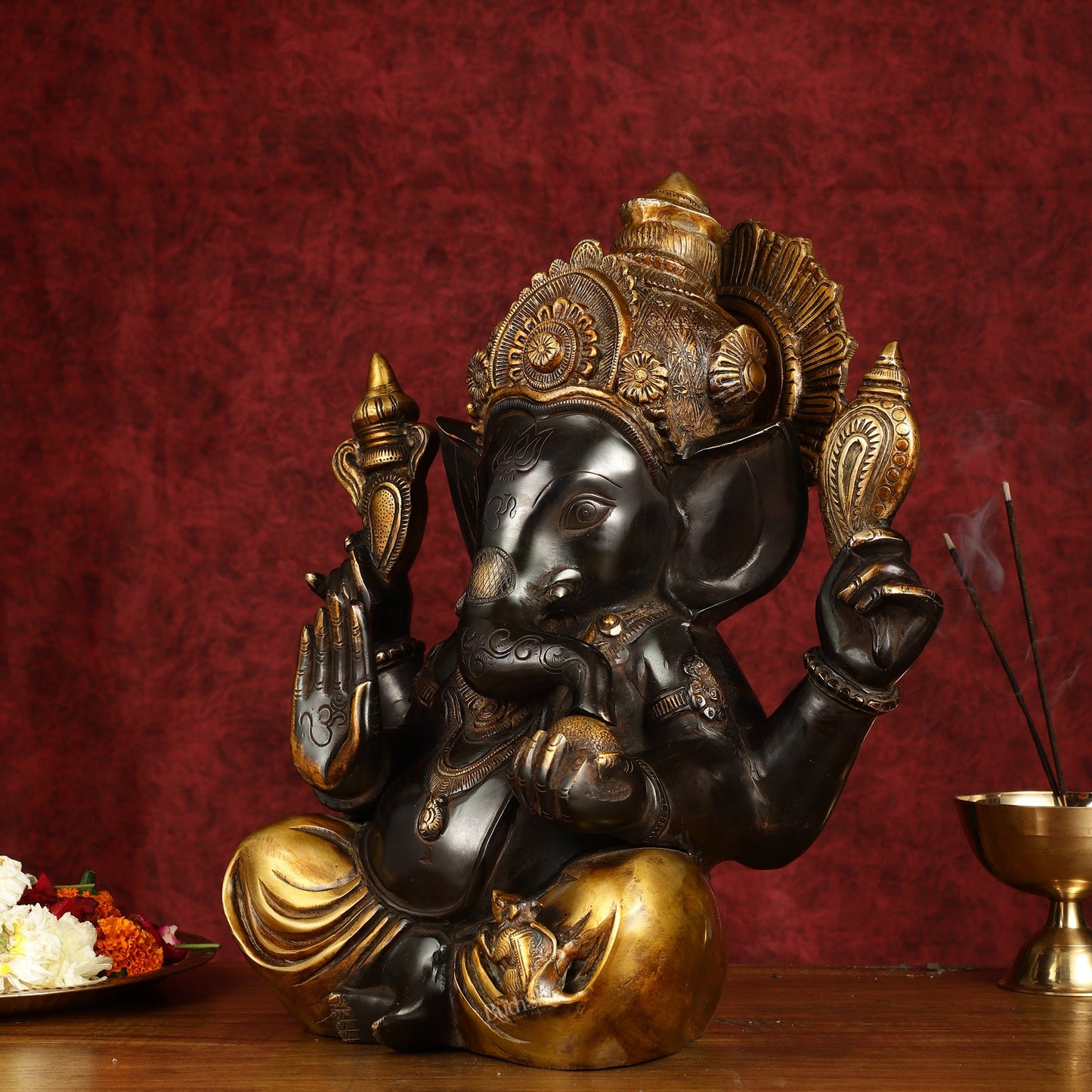 Majestic 15-Inch Pure Brass Ganapati Statue in Black Tone