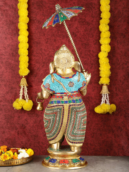 29-inch Standing Lord Ganesha Statue with Umbrella meenakari Stonework