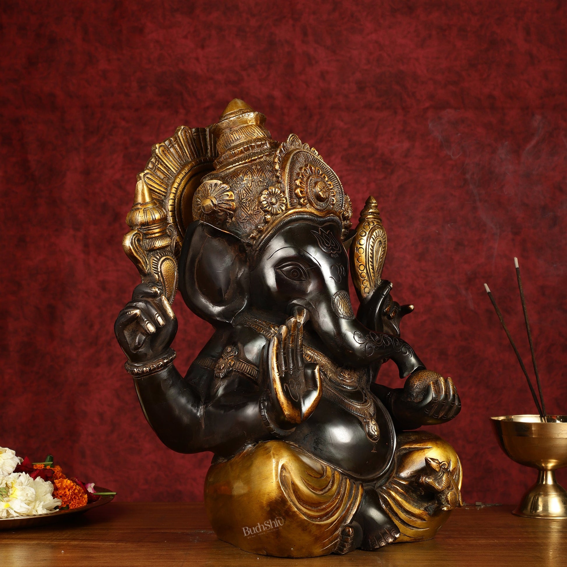 Majestic 15-Inch Pure Brass Ganapati Statue in Black Tone
