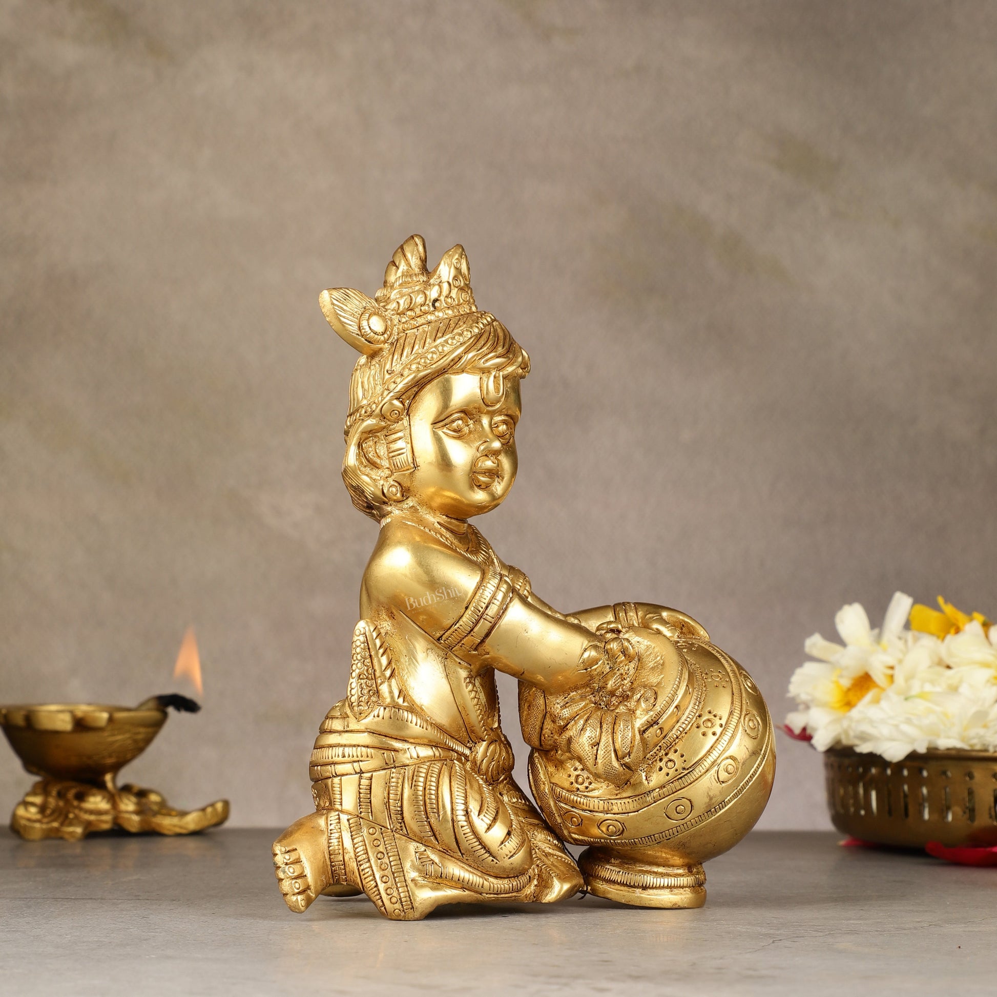 Pure Brass Baby Krishna Makhan chor idol 7"