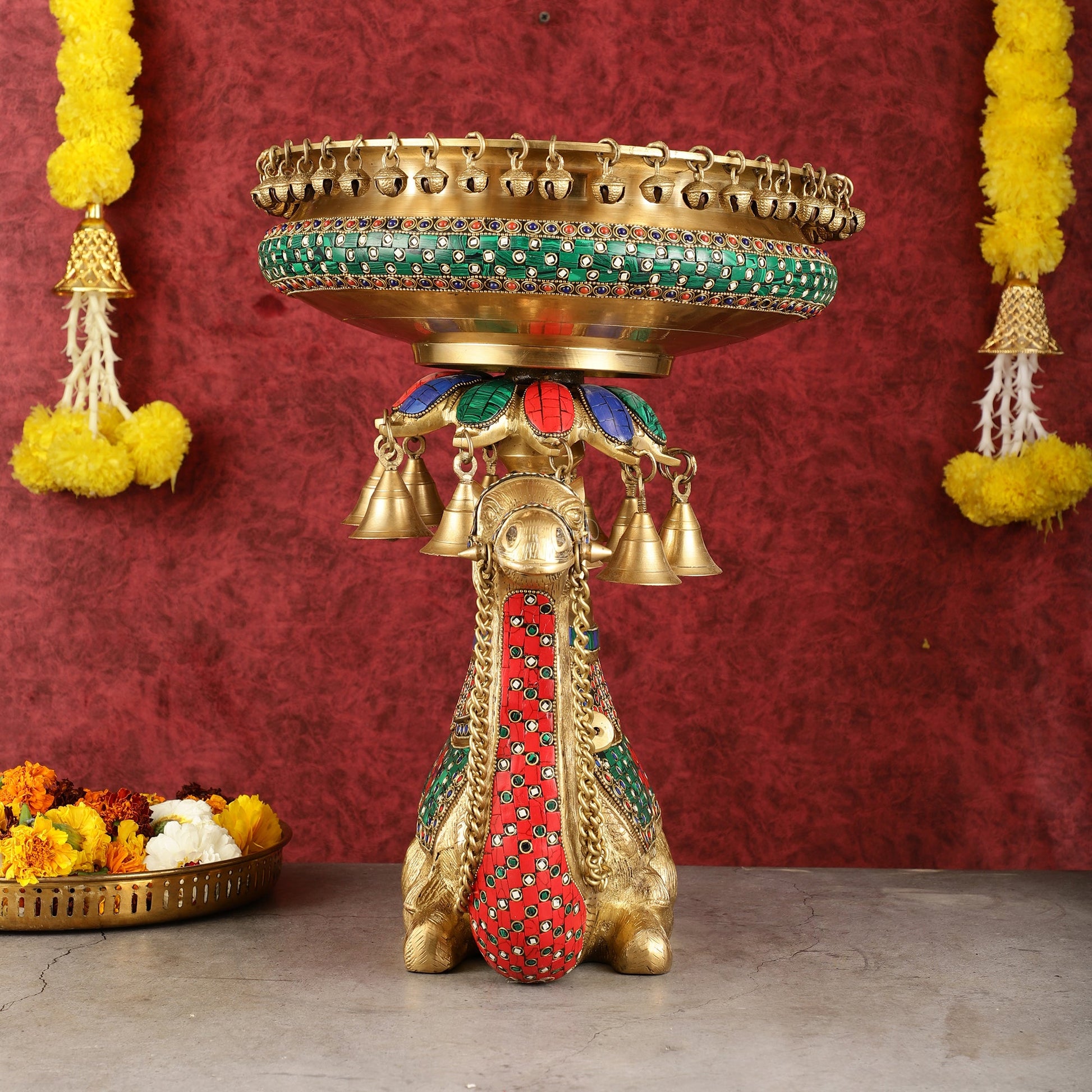 Pure Brass Urli on Camel's Back with Meenakari Stonework - 16 Inch