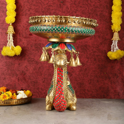 Pure Brass Urli on Camel's Back with Meenakari Stonework - 16 Inch