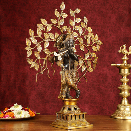 Brass Lord Krishna with Kalpavriksha tree black statue 21 inch