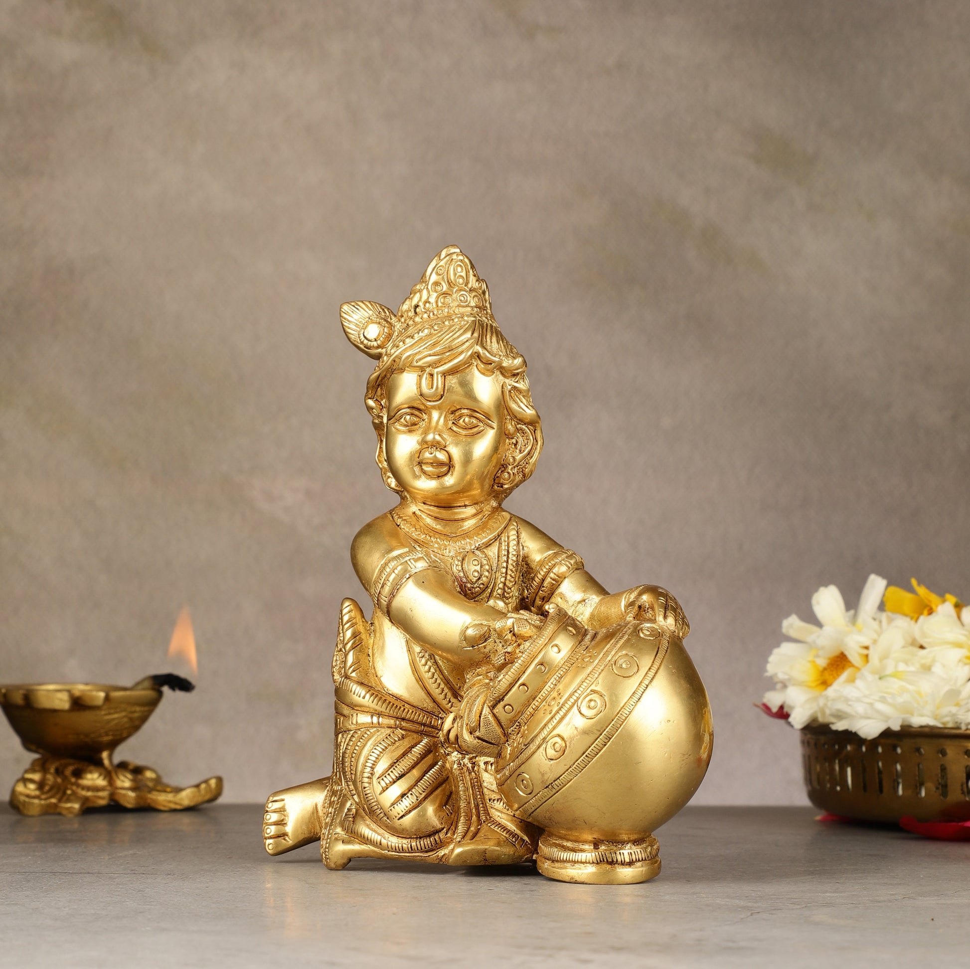 Pure Brass Baby Krishna Makhan chor idol 7"