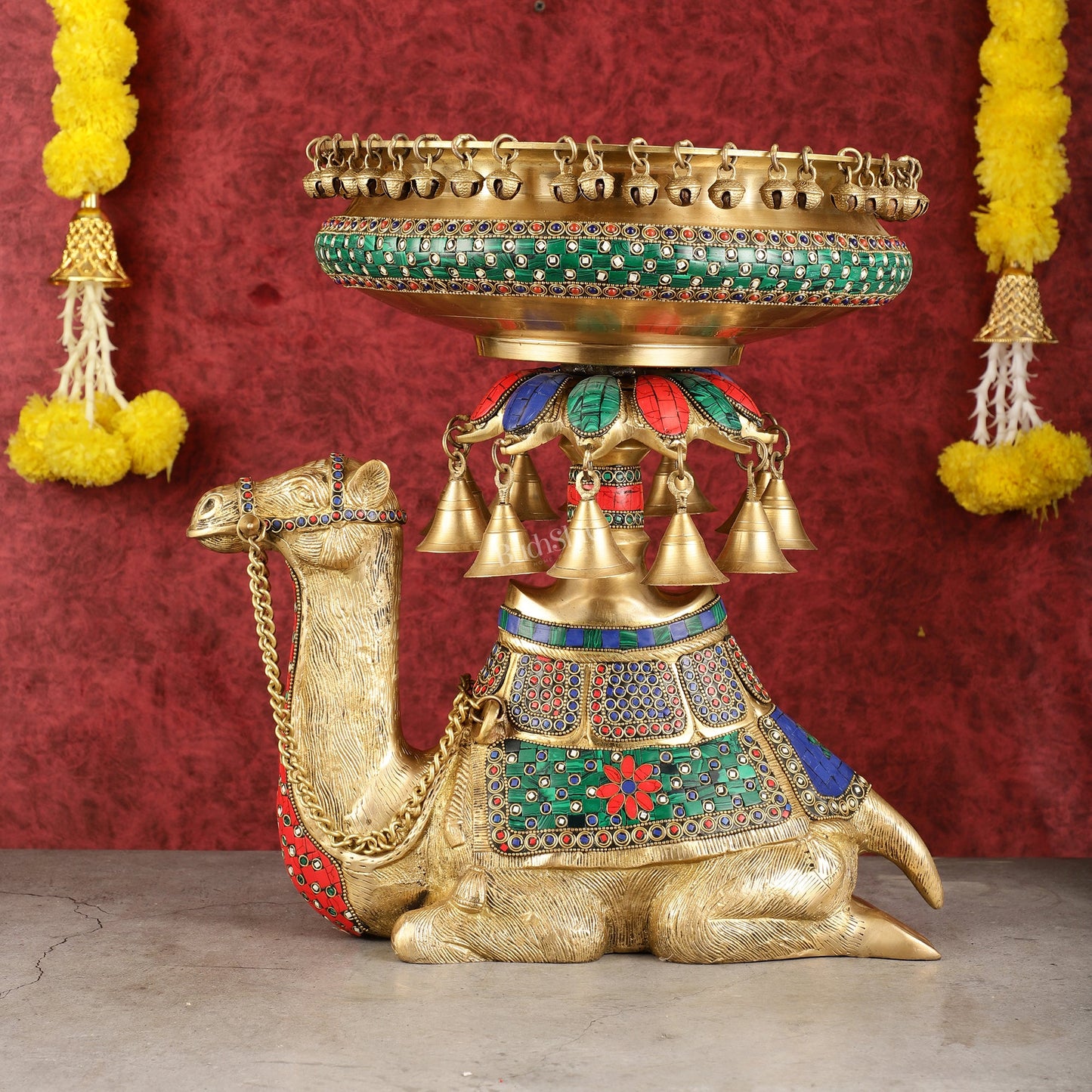 Pure Brass Urli on Camel's Back with Meenakari Stonework - 16 Inch