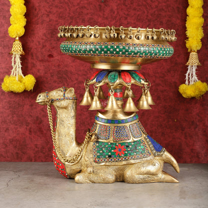 Pure Brass Urli on Camel's Back with Meenakari Stonework - 16 Inch