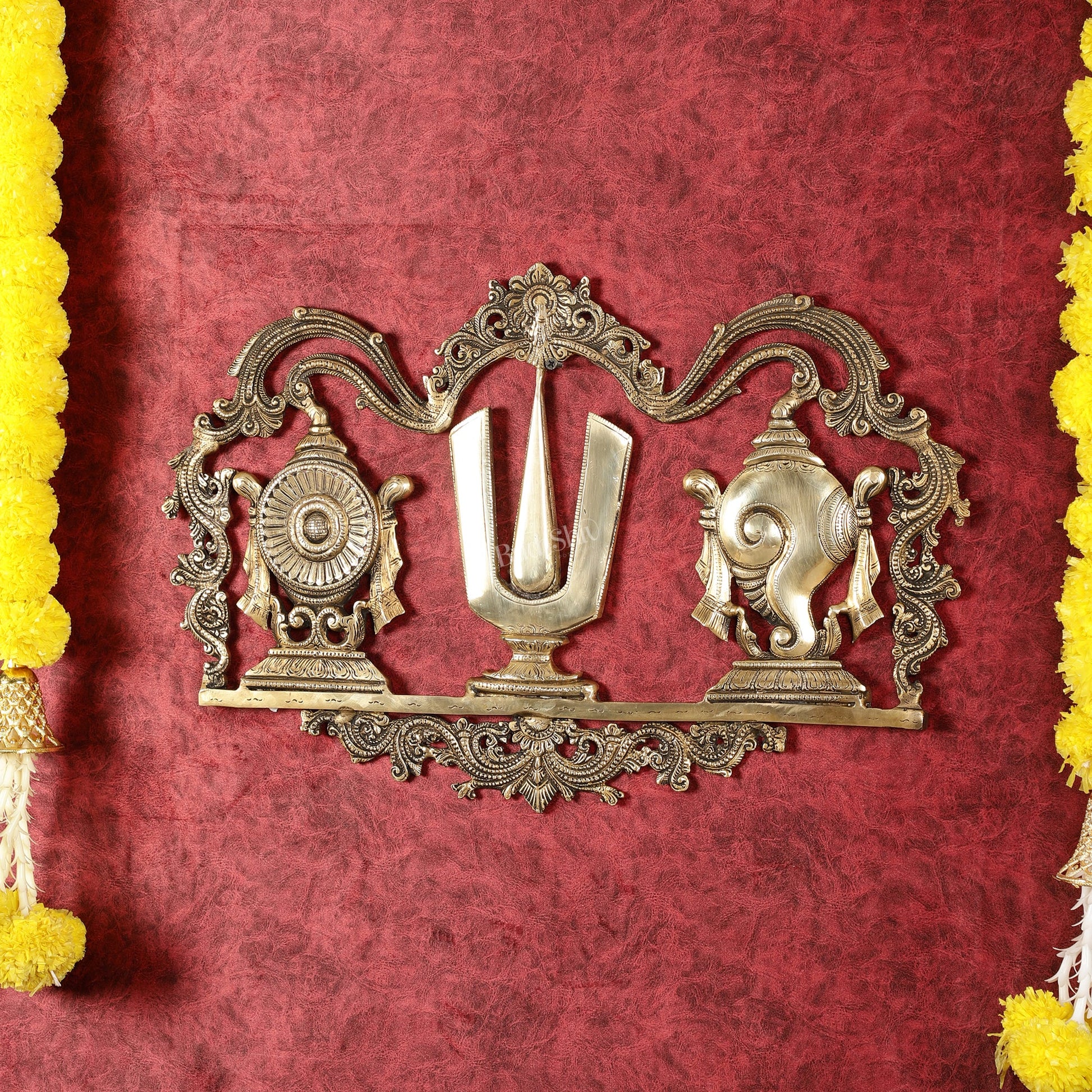 Large Brass Shankh Chakra Namah Wall Hanging - 21.5 inch