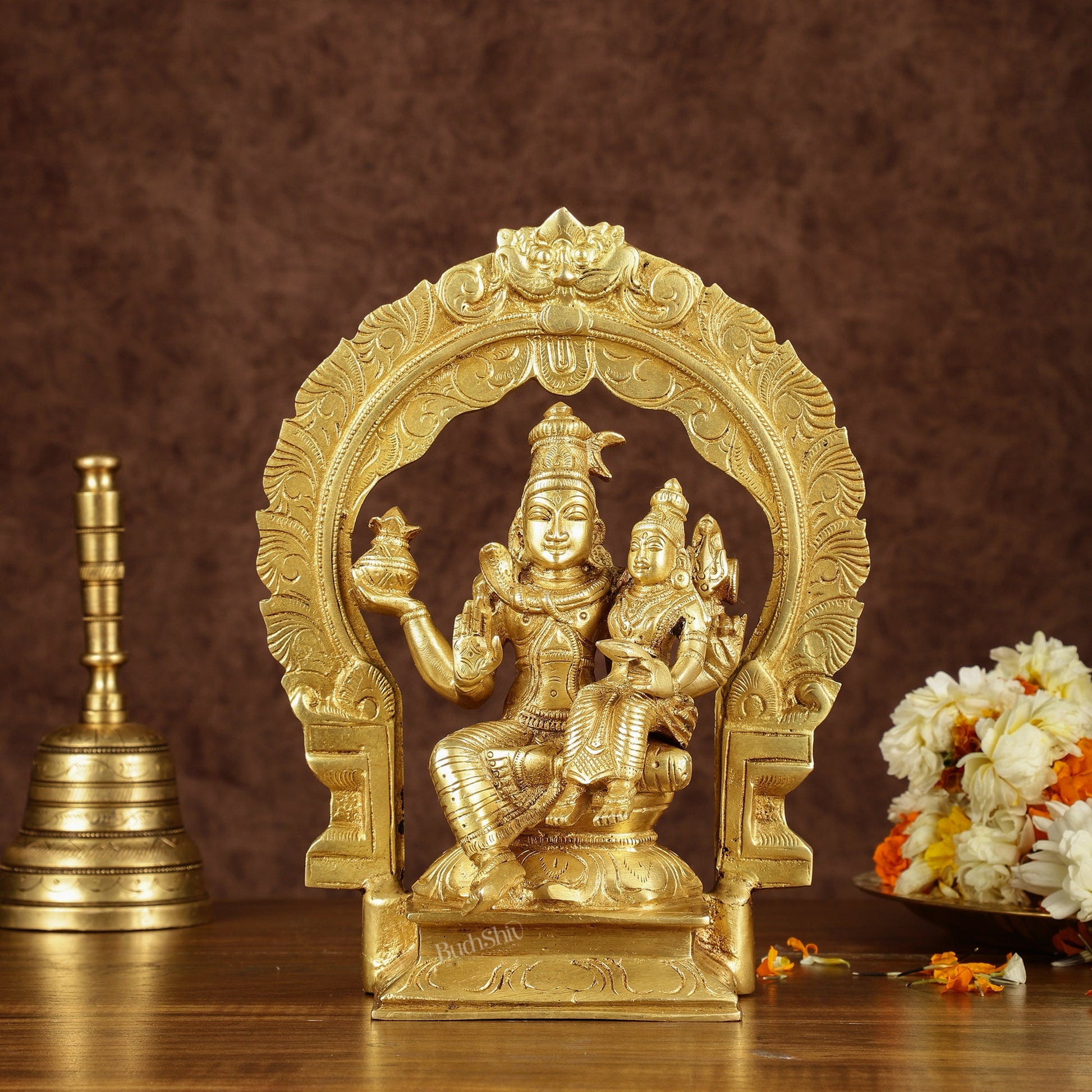 Brass Seated Shiva Parvati Idol with Frame | 10 inch