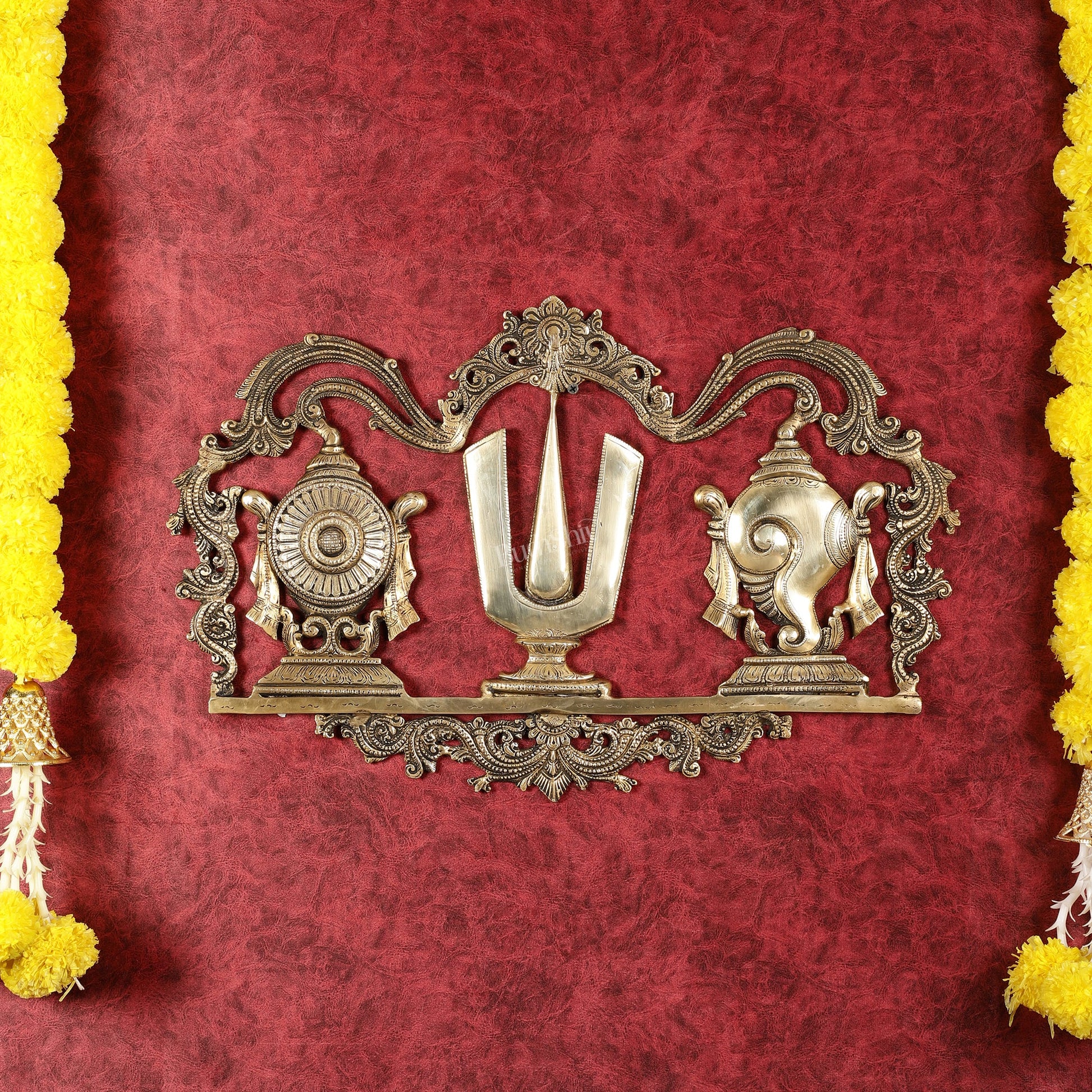 Large Brass Shankh Chakra Namah Wall Hanging - 21.5 inch