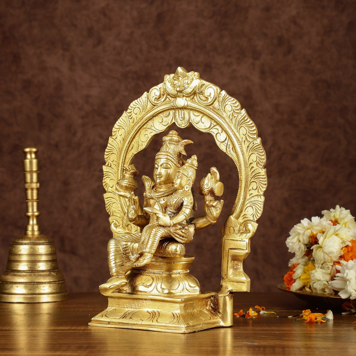 Brass Seated Shiva Parvati Idol with Frame | 10 inch