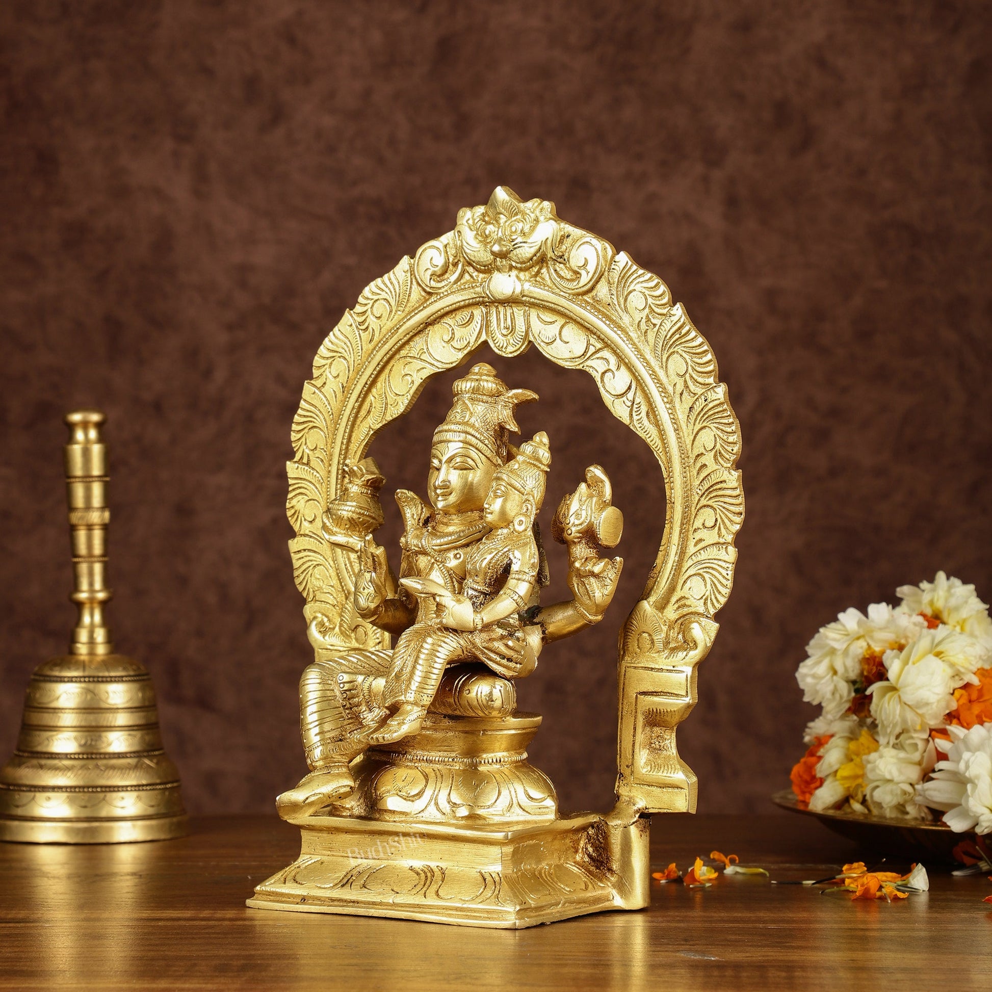 Brass Seated Shiva Parvati Idol with Frame | 10 inch