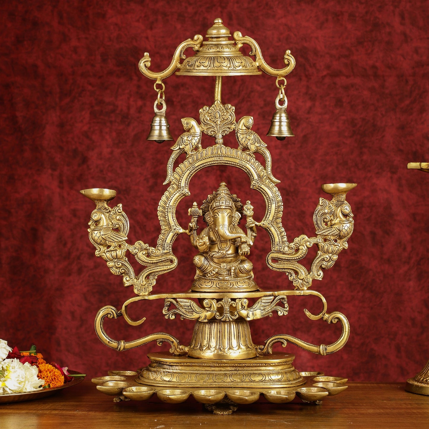 Pure Brass Lord Ganesha with multiple diyas oil lamps large