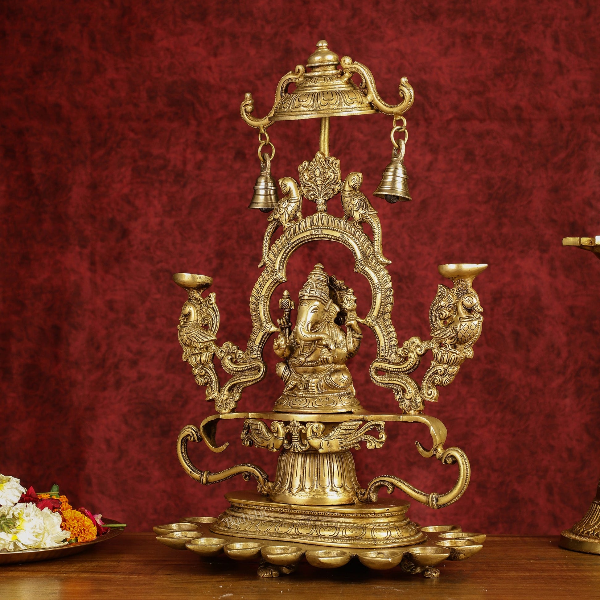 Pure Brass Lord Ganesha with multiple diyas oil lamps large