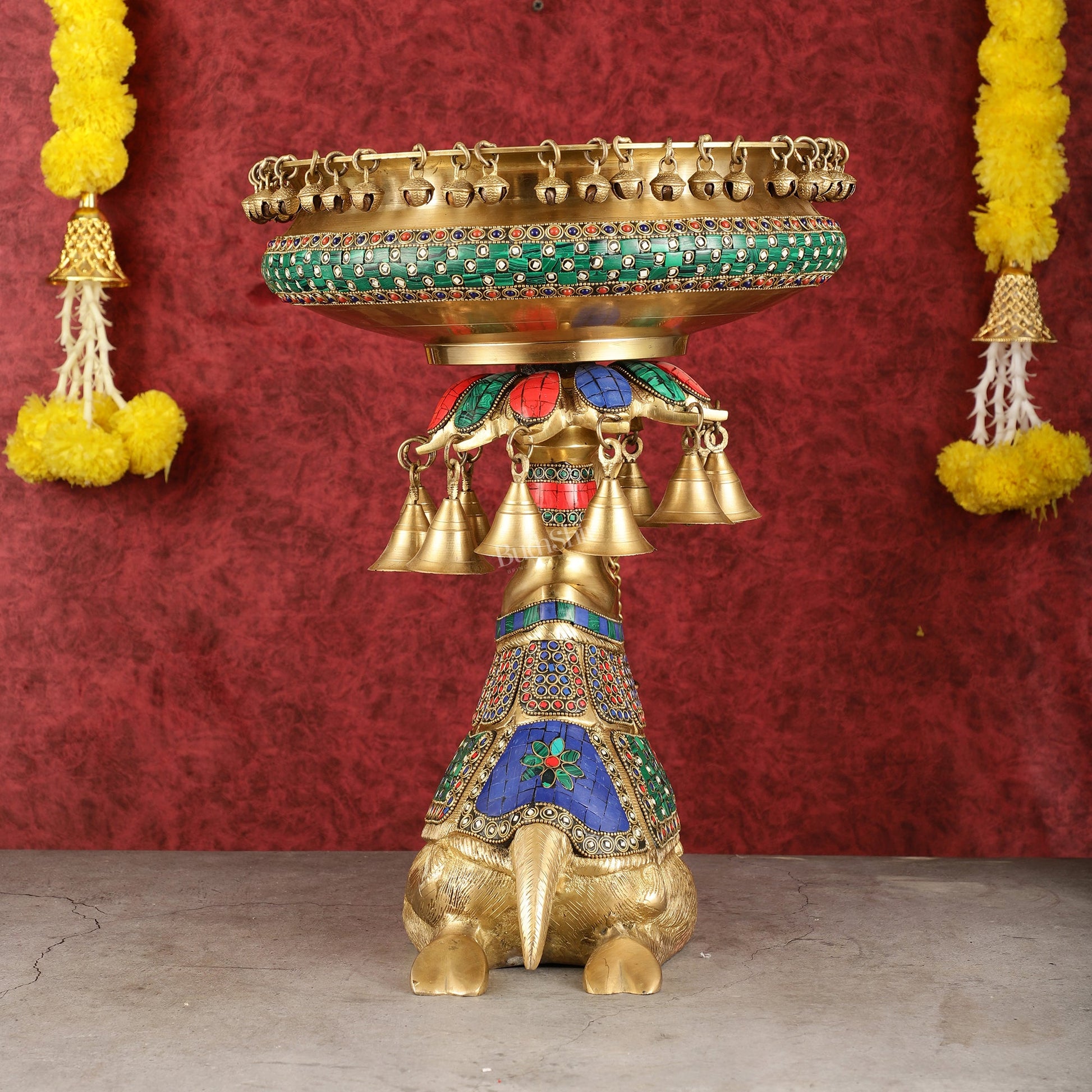 Pure Brass Urli on Camel's Back with Meenakari Stonework - 16 Inch