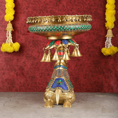 Pure Brass Urli on Camel's Back with Meenakari Stonework - 16 Inch