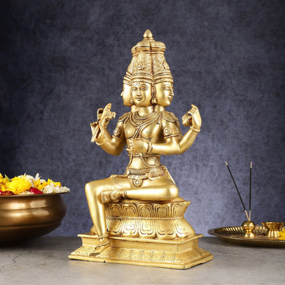 Pure Brass Seated Lord Brahma Sculpture - 16 inch