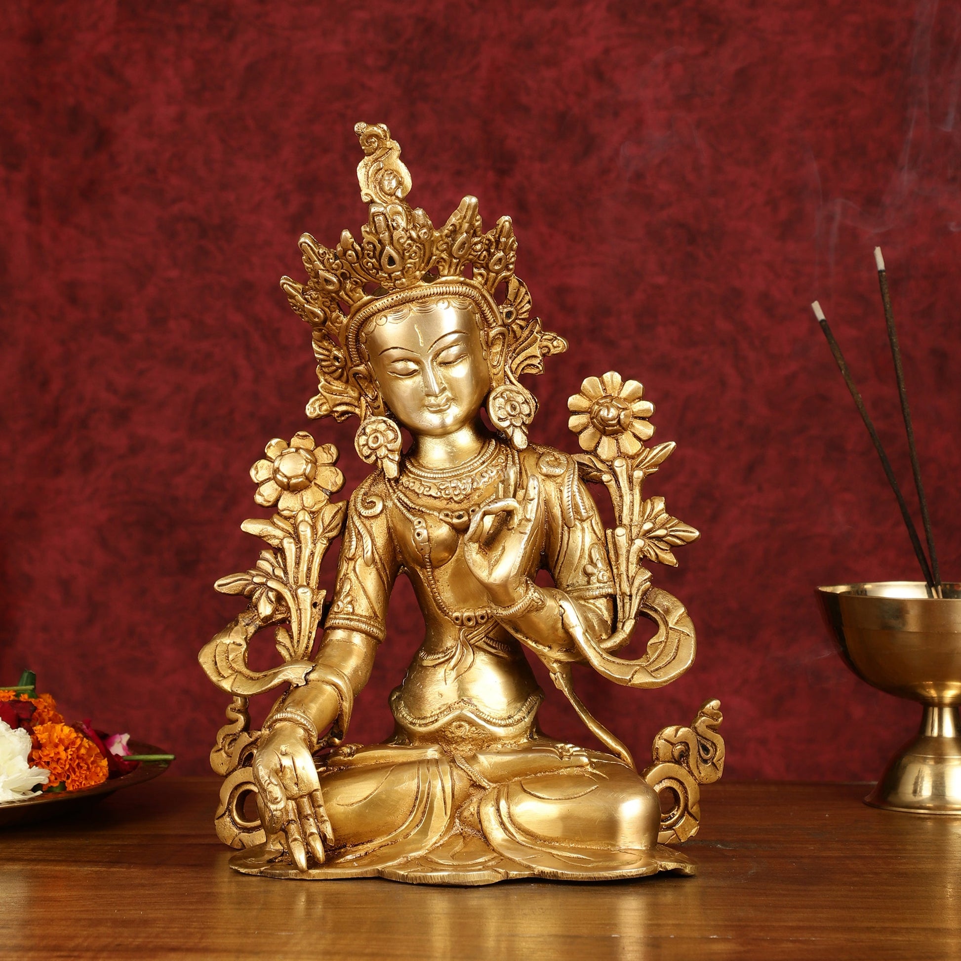Sacred 11-Inch Pure Brass White Tara Devi Statue - Handcrafted Sculpture