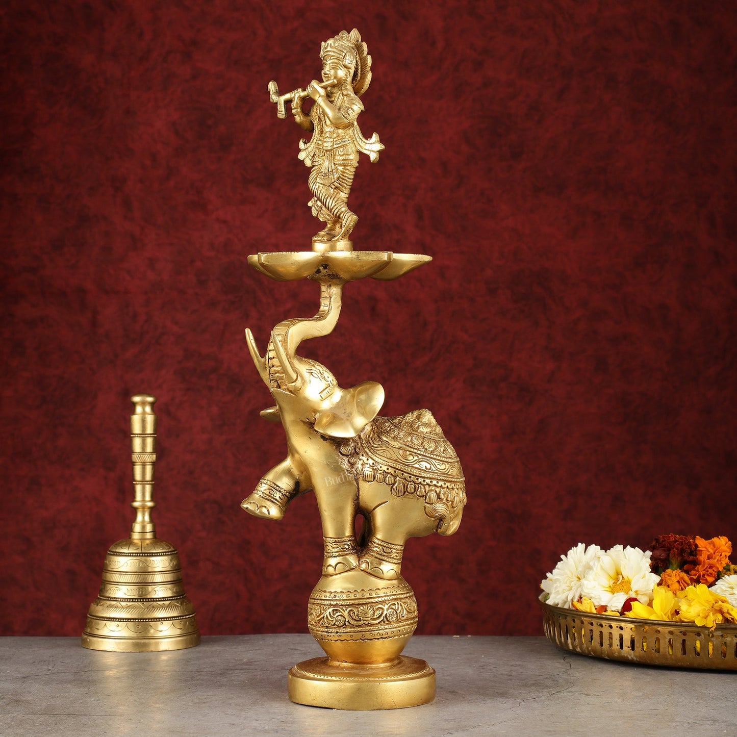 Pure Brass Superfine Krishna on jumping Elephant Oil Lamp/Vilakku - 16"