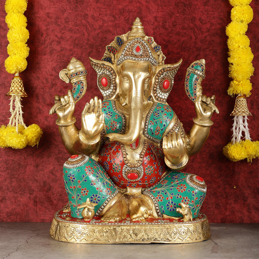 Pure Brass Right-Side Trunk Ganapati Statue - 22-Inch