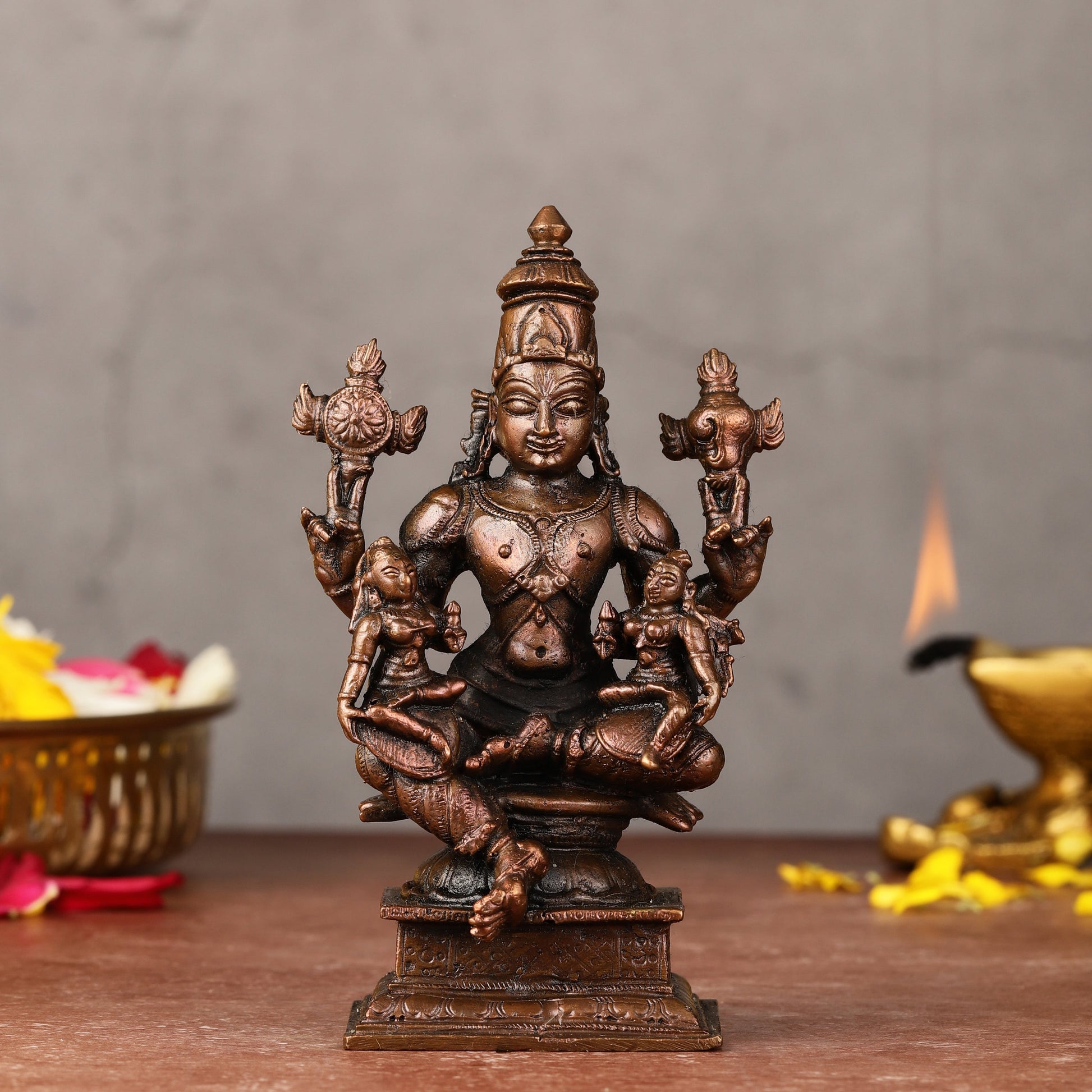 Pure Copper Lord Vishnu with Bhoodevi and Sridevi Idol - 4.5-inch