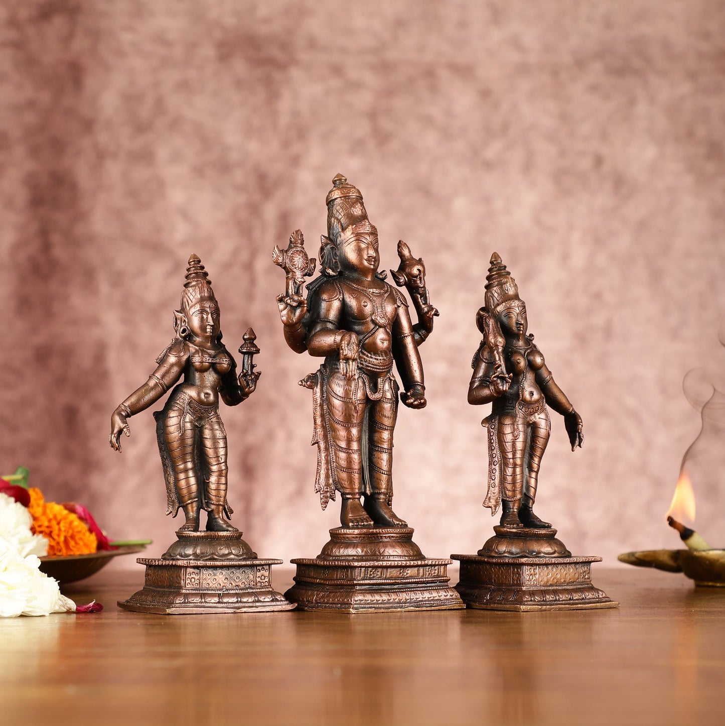 Sacred Pure Copper Lord Tirupati Balaji with Bhudevi and Sridevi Perumal Set 6.5"