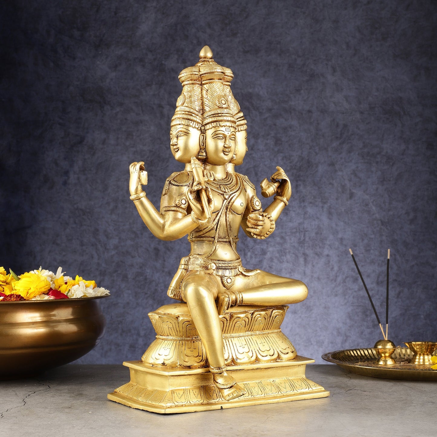 Pure Brass Seated Lord Brahma Sculpture - 16 inch