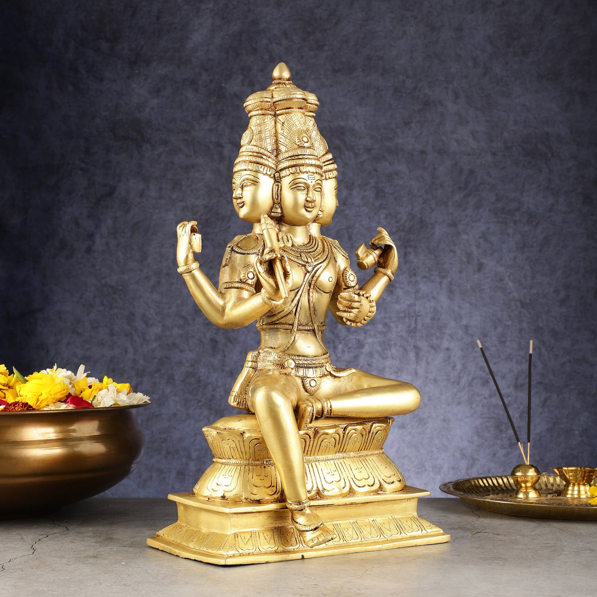 Pure Brass Seated Lord Brahma Sculpture - 16 inch
