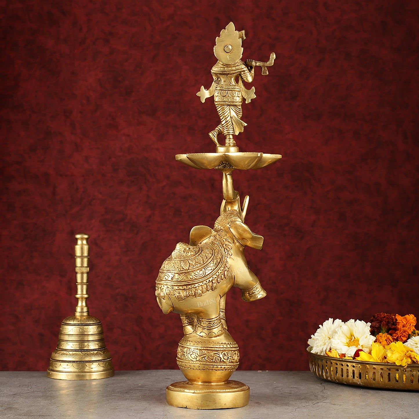 Pure Brass Superfine Krishna on jumping Elephant Oil Lamp/Vilakku - 16"
