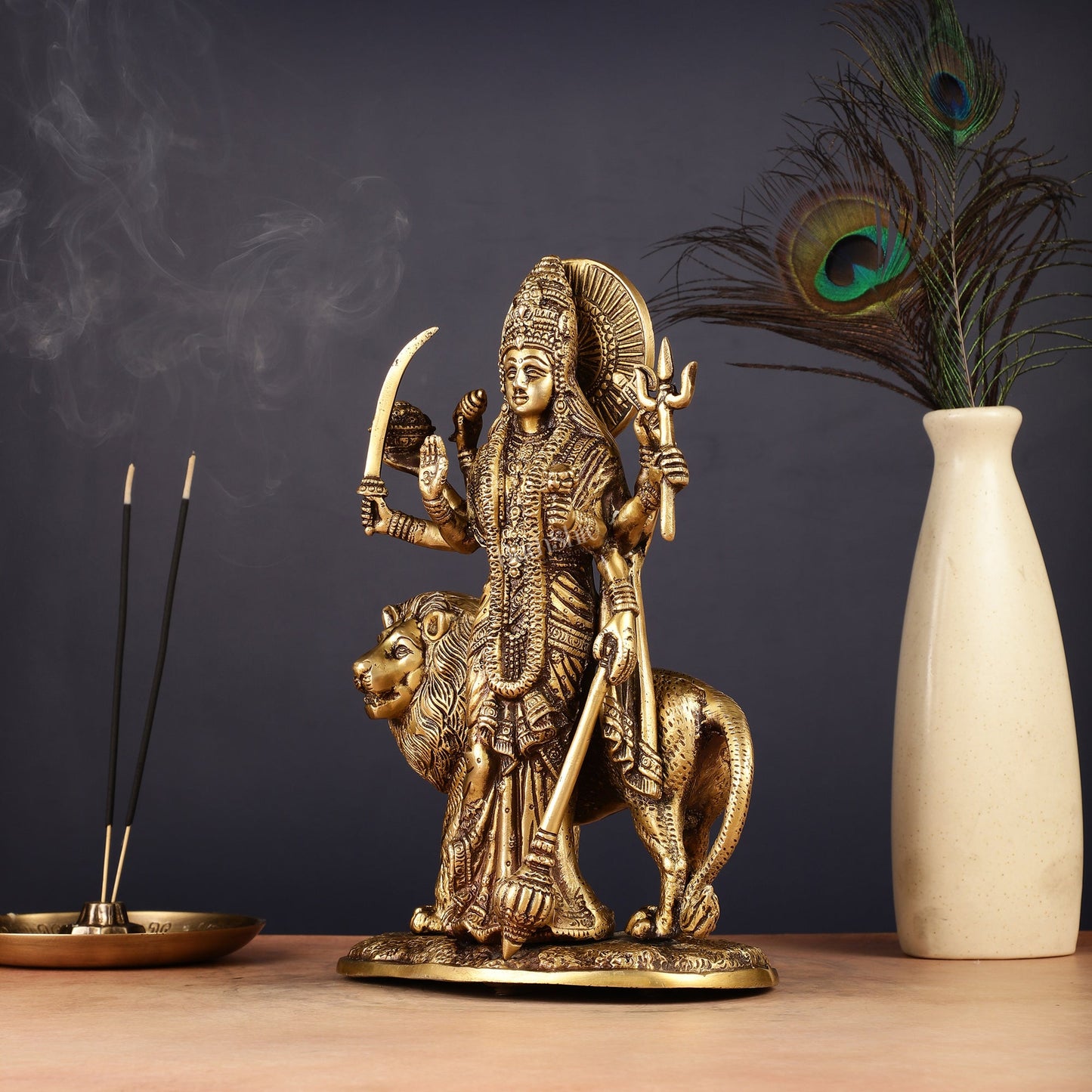 Brass Standing Durga Lion eight Armed Idol - 10.5"