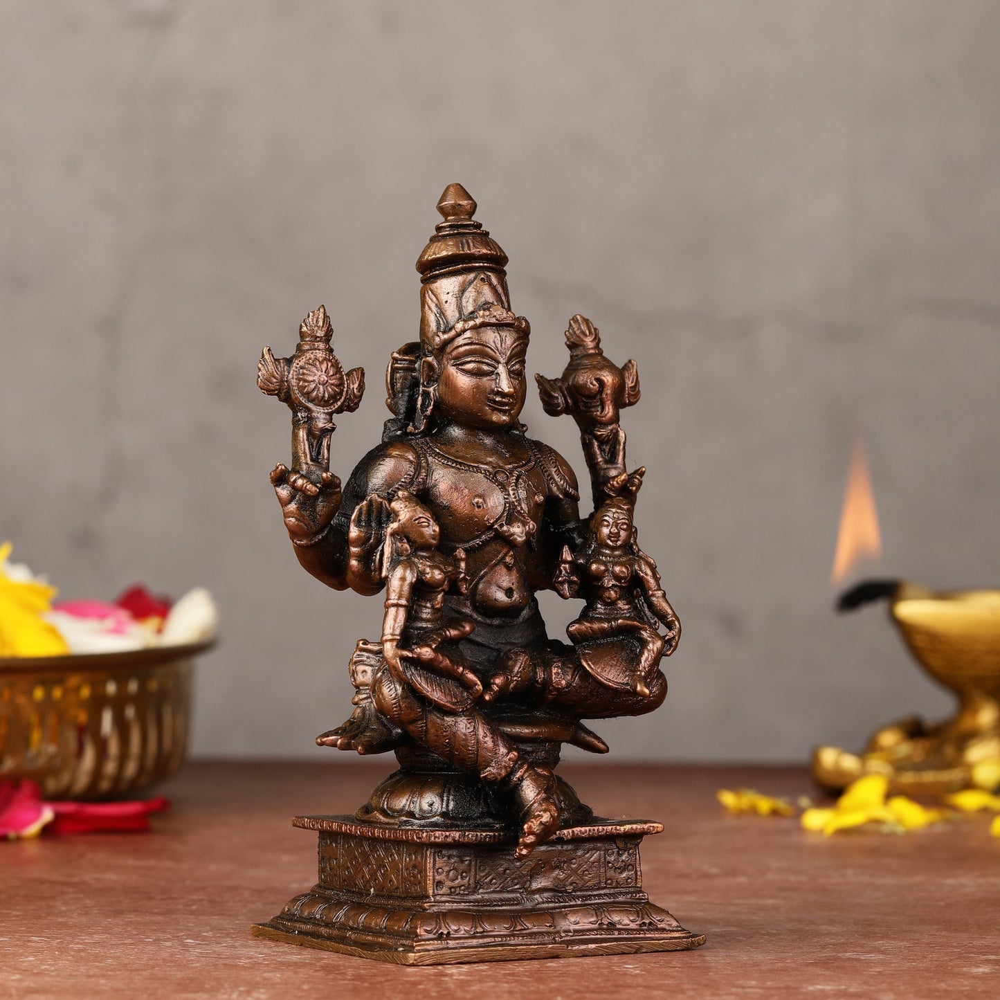 Pure Copper Lord Vishnu with Bhoodevi and Sridevi Idol - 4.5-inch