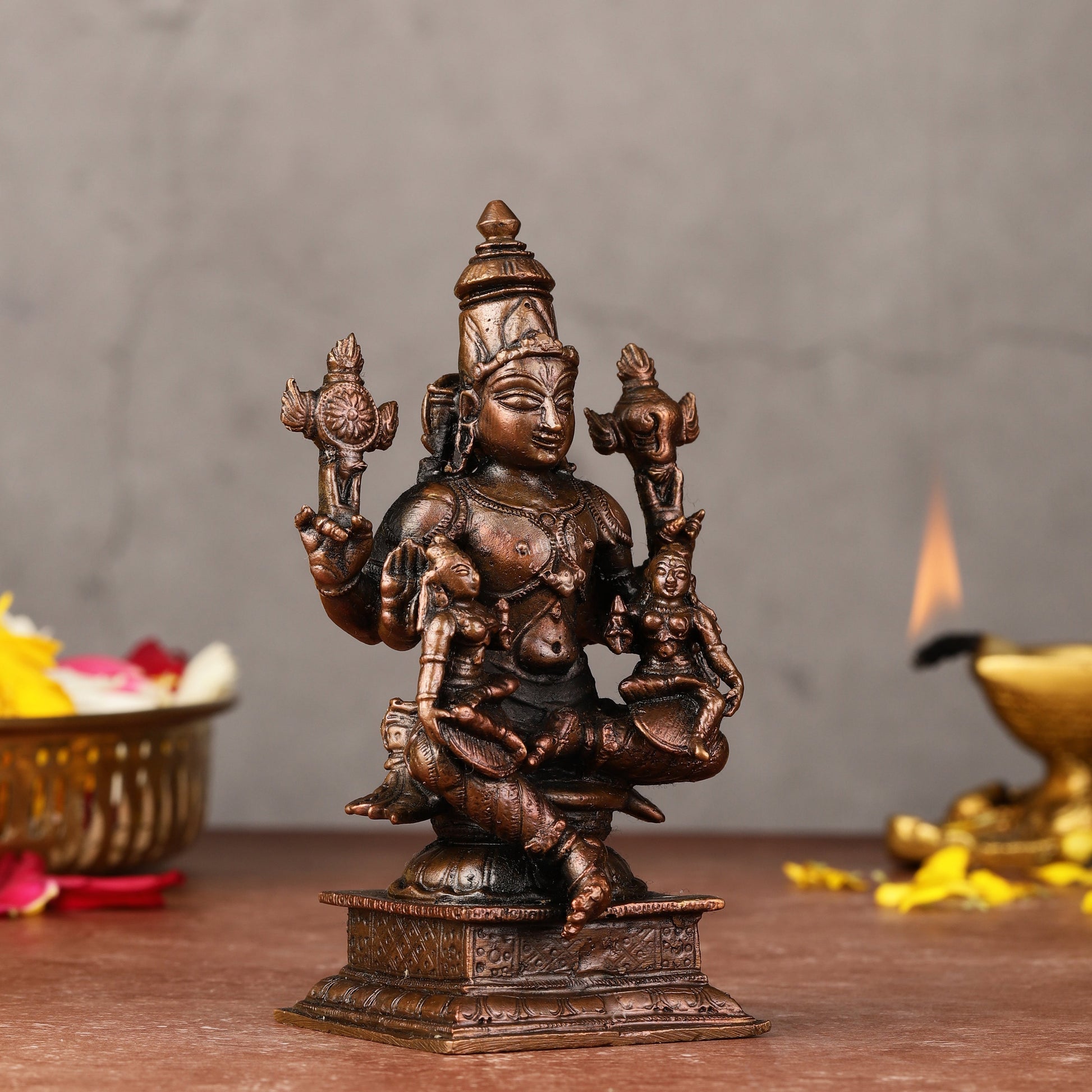 Pure Copper Lord Vishnu with Bhoodevi and Sridevi Idol - 4.5-inch